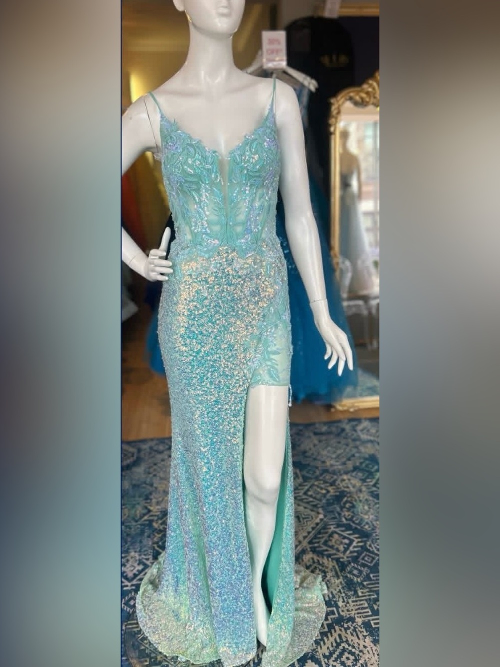 JVN by Jovani Aqua Sequin Lace High-Slit Prom Gown - Picture 3 of 3